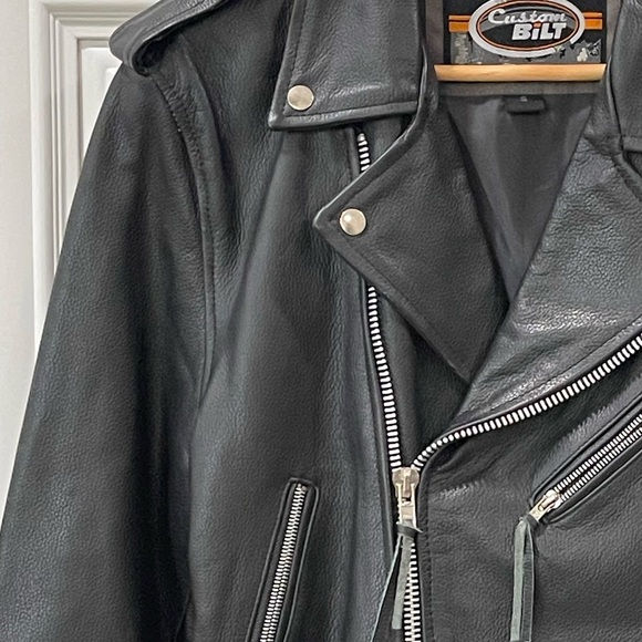 CUSTOM BILT BLACK LEATHER MOTORCYCLE MOTORS BIKER JACKET - SIZE SMALL - Picture 4 of 17